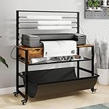 Natwind Wide Format Printer Stand, Plotter Workbench Table with Pull-Out Drafting Storage, Roll Paper Holder, Accessory Drawer, Adjustable Storage Shelf for Plotters and Cutting Machines (Retro)
