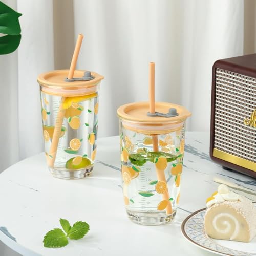 Image of Coffee Mug with Straw & Lid - Multipurpose Mason Jar Style Can Sipper for Green Tea, Milk, Juice, Smoothies & More - Reusable Drinking Cup for Home & Office (Printed Fruit Bottle 2)