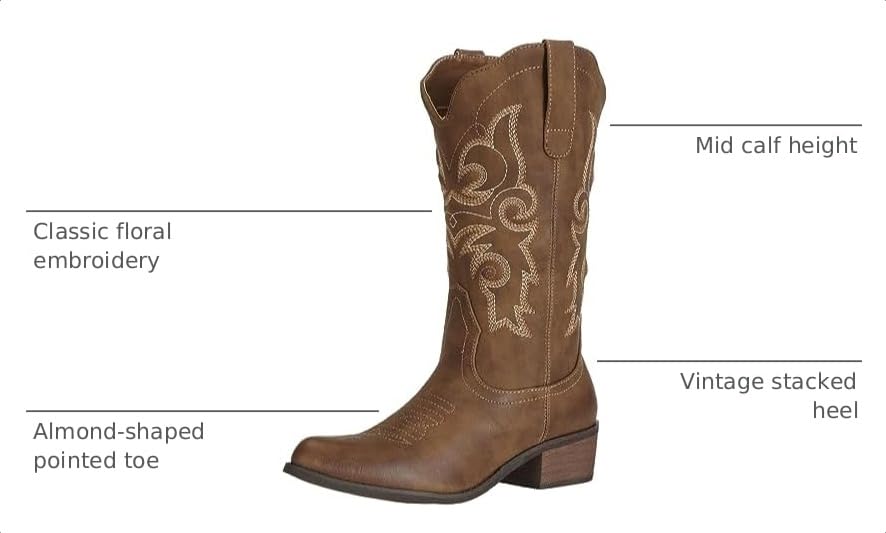 Image of J's.o.l.e Western Cowgirl Cowboy Boots for Women Mid Wide Calf Pointed Toe Riding Country Brown Black Boots