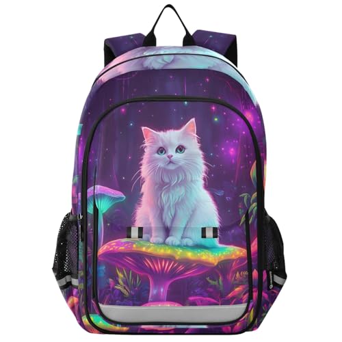 CHIFIGNO Mochila escolar para meninas, meninos, gato branco, cogumelos neon, bolsa escolar para laptop, mochila de viagem para viagens, caminhadas
