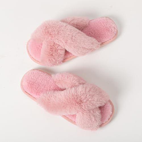 Image of Enteer Women's Slipper Memory Foam Cross Band Fuzzy Slippers Open Toe Cozy House Slippers Cozy Plush Bedroom Indoor Outdoor