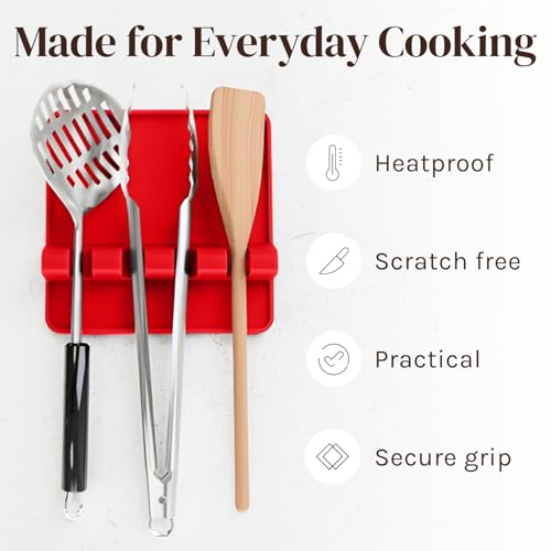 Image of Cooler Kitchen Red Silicone Spoon Rest for Stove Top with Drip Pad (Two Pack) - Heat-Resistant, BPA-Free Utensil Rest & Spoon Holder for Kitchen Counter - Grill Utensil Holder for Spatulas