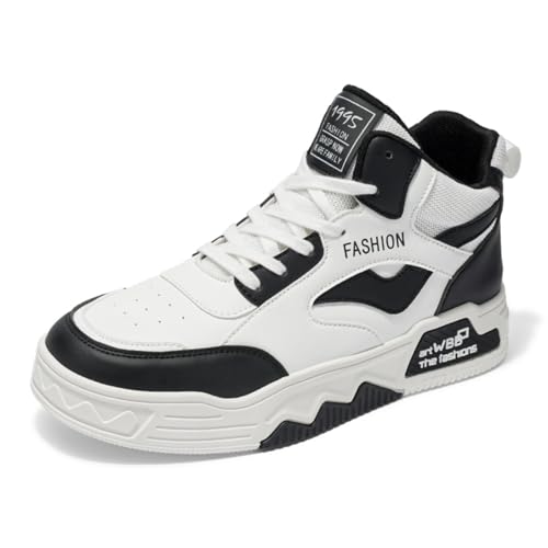 Men's Fashion Leather Lace Up Platform Sneakers Classic Mid Top Round Toe Non-Slip Shoes for Tennis Driving Walking