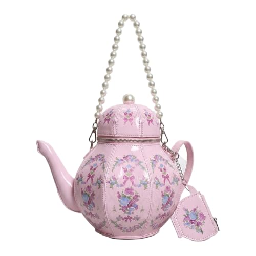 Women PU Leather Floral Handbag Crossbody Shoulder Bag Pearl Chain Valentine Purse for Girls with teapot Ornament Pink - image 1