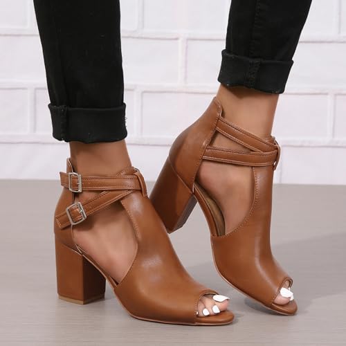 Image of Women's Peep Toe Sandals Side Cutout Chunky high Heel Adjustable Buckle