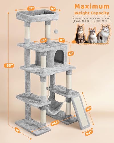 Image of Yaheetech 63in Sturdy Large Cat Tree for Indoor Heavy Cats, Tall Tower