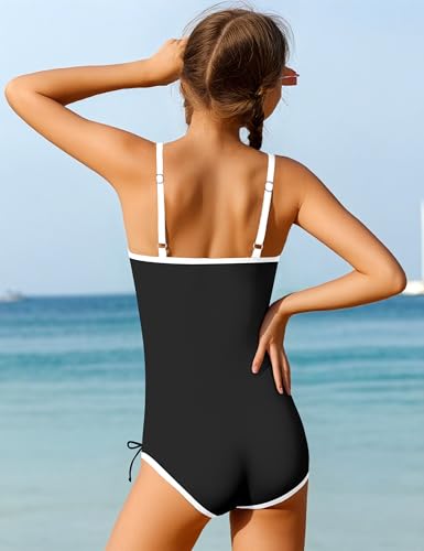 Girls Swimsuit One Piece Bathing Suit Color Block Strap Swimwear Drawstring Swimsuits for Teens 9-16Y with Padded4