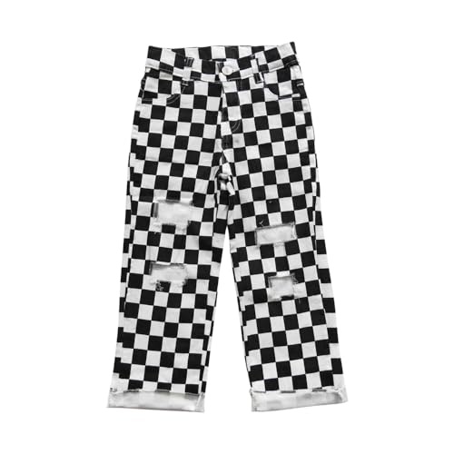 P0122 Todder Western Black and White Checkerboard Ripped Buttons Zipper Straight Kids Girl Jeans Pants