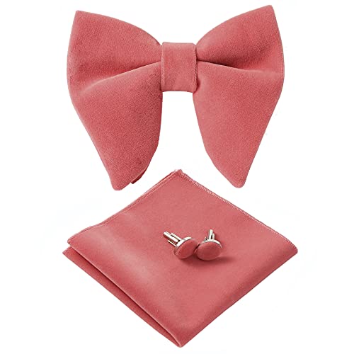 HOULIFE Ensemble nœud papillon pour homme - Nœud papillon réglable en velours pré-noué, pochette de poche unie, boutons de manchette pour marié, mariage formel avec boîte cadeau, Rose corail, Fliege: