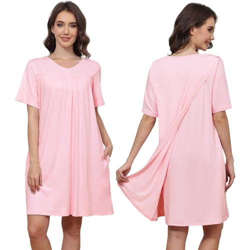 Image of Hospital Gowns for Women Open Back Tear Away Snap Post shoulder Dress Short Sleeve Soft Adaptive Clothing with Pockets