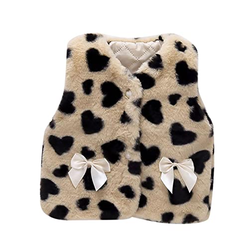 Girls Faux F𝐮r Cute Bow Vest Heart Print Fleece Lined Sleeveless Waistcoats Kids Plush F𝐮r Trendy Winter Coats