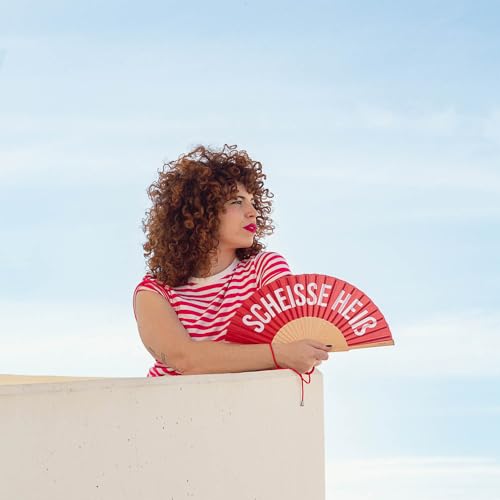 FISURA â€“ Origineller Handfächer mit der Botschaft Sch*isse HeiÃŸ. Moderner und witziger Holzfächer. Rot-weiÃŸer Fächer. Fächer mit Fächerhalter. MaÃŸe: 42,5 x 23 cm.