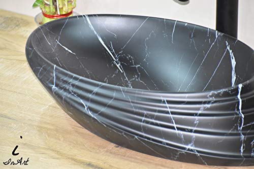 Image of InArt Designer Ceramic Wash Basin /Vessel Sink /Over or Above Counter Top Wash Basin for Bathroom Oval Black Matt Marble Pattern 20 x 15 x 6 Inch