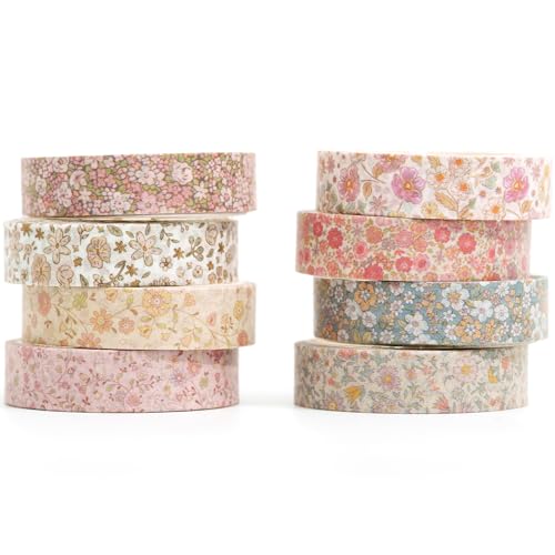 YUBX 8 Rollen Weinlese Washi Tape Set, Retro Masking Tape Dekoratives Klebeband Bunt für DIY Handwerk, Verschönert Journals, Planer, Scrapbooking und Verpackung (Little Flowers)