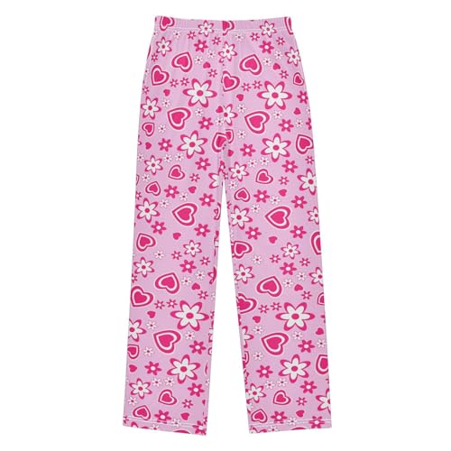 Love Heart Floral Boys Long Pants Soft Trousers Elastic Waist Kids Lounge Bottoms with Pockets S-XL