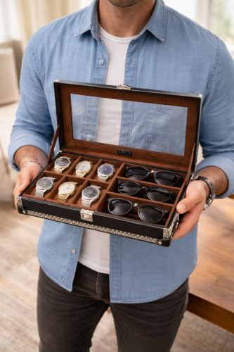 Image of BOXXO 12 Slot Watch Organizer Box for Men & Women - Premium PU Leather Watch Case (9-slots Black /Beige)