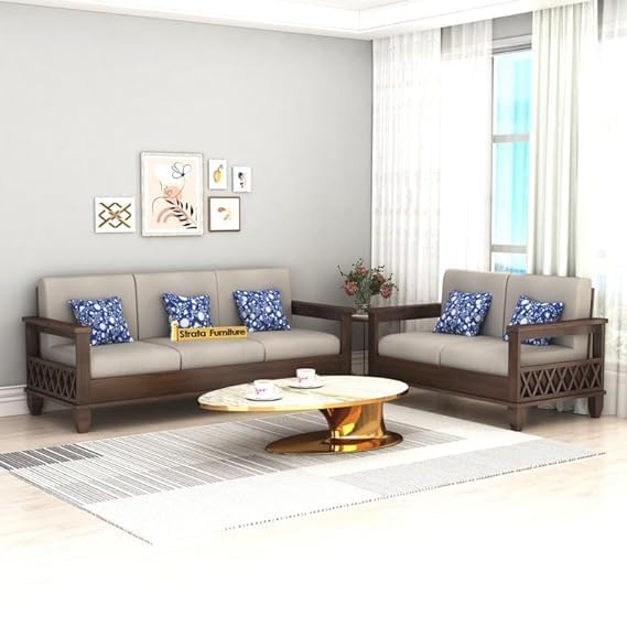 Image of STRATA FURNITURE Sheesham Wood 5 Seater Sofa Set for Living Room | Wooden 3+2 Seater Sofa Set Furniture for Bedroom Home Hall and Hotels (Walnut Finish, Grey)