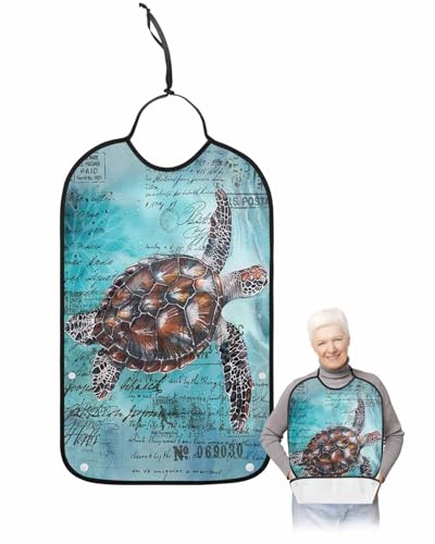 LEOKOTI Coastal Sea Turtle Adult Bibs for Eating, Waterproof Bibs with Food Catcher & Adjustable Snap Closure, Blue Nautical Summer Beach Vintage Washable Clothing Protectors Adult Bibs for Elderly