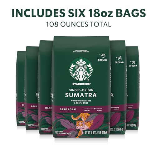 Image of Starbucks Ground Coffee, Dark Roast Hot or Iced Coffee, Single-Origin Sumatra, Six 18 oz Bags