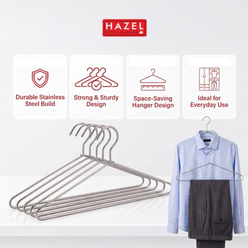 Image of HAZEL Stainless Steel Clothes Hangers Set of 6 for Shirts, T-Shirts, Dresses, Trousers & Daily Use