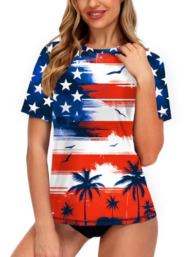 Image of AOBUTE Women Short Sleeve Rash Guard UPF 50+ Tropical Sun Protection Floral Swim Shirts