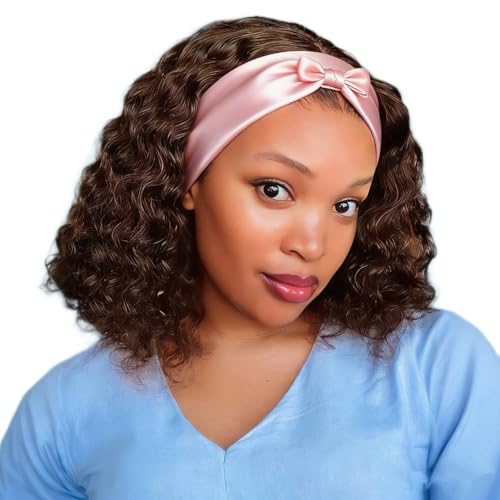 Image of XSY Headband Wig Human Hair Deep Wave Chocolate Brown Headband Half Wigs for Black Women Glueless Human Hair Wigs 150% Density No Lace Wear Go Headband Wig 10 inch