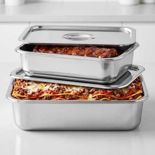 4 Inch Extra Deep Lasagna Baking Pan with Lid, 11x14 Inch 7.4QT Large Stainless Steel Nonstick Lasagna Baking Roasting Pans Casserole Dishes for Oven with Lids(M, 2 Pack)