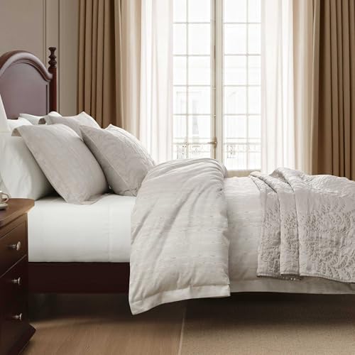 Image of Martha Stewart - King Size Quilt Set, Soft & Smooth Sateen Bedding with a Light and Breathable Feel, 3 Piece Bed Set with Matching Pillowcases (Fern Embroidery Grey)