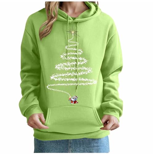 Sudadera de manga larga con capucha para mujer, diseño de árbol de Navidad, divertido y novedoso, suéter de Navidad, casual, suelto, suéter de forro polar cálido con bolsillo, verde, XXL