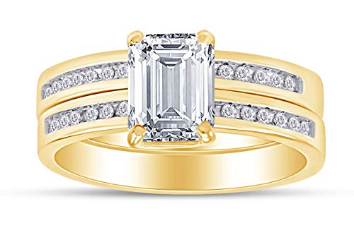 AFFY Emerald & Round Shape White Cubic Zirconia Wedding Band Ring Set in 925 Sterling Silver (4.20 cttw) Ring Size-6