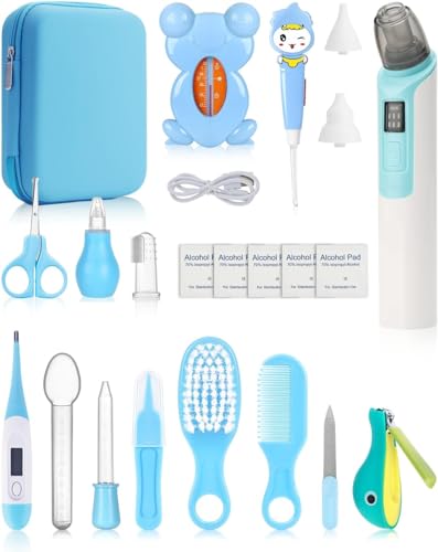 Image of Baby Grooming and Healthcare Kits with Electric Nasal Aspirator, 17 in 1 Portable Baby Safety Care Set with Hair Brush Comb Nail Clipper for Newborn Infant Girl Boys(Blue)