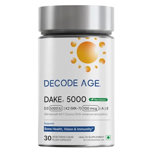 Image of Decode Age DAKE 5000 IU | Vitamin D3 K2 Supplement with Vitamins E & A in MCT Oil for Bone, Immune, Heart and Vision Support | Vegan Capsules | 30 Vegan Capsules
