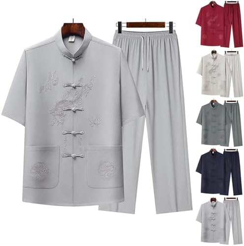 Cambkatl Men's Dragon Embroidered Tang Suit Chinese Traditional Mandarin Collar Kung Fu Shirts Short Sleeve Tai Chi Outfits