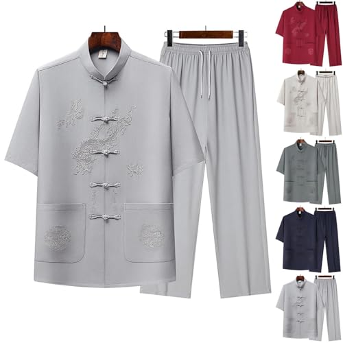 Cambkatl Men's Dragon Embroidered Tang Suit Chinese Traditional Mandarin Collar Kung Fu Shirts Short Sleeve Tai Chi Outfits