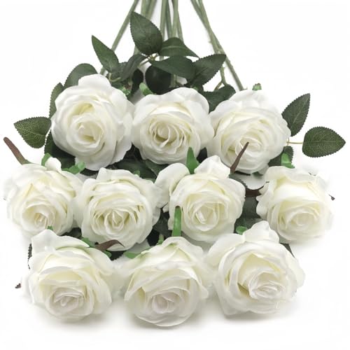 Witeygai 10 Stück Weiß Rosen Künstlich, Long Stem Fake Rose Seide Braut Hochzeitsstrauß Realistische Blume für Hausgarten Party Hochzeitssträuße Garten Wohnzimmer Hotel Büro Dekor