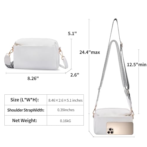 Image of VOROLO Crossbody Bag Small Leather Triple Zip Crossbody Purse Shoulder Bag with Ajustable Strap for Women White with Rope