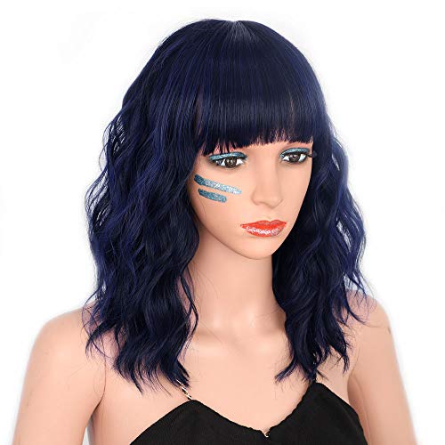 AISI HAIR Pastel Bob Wavy Wig With Bangs Short Curly Mixed Dark Blue Wig for Women Synthetic Shoulder Length Cosplay Wig for Girl