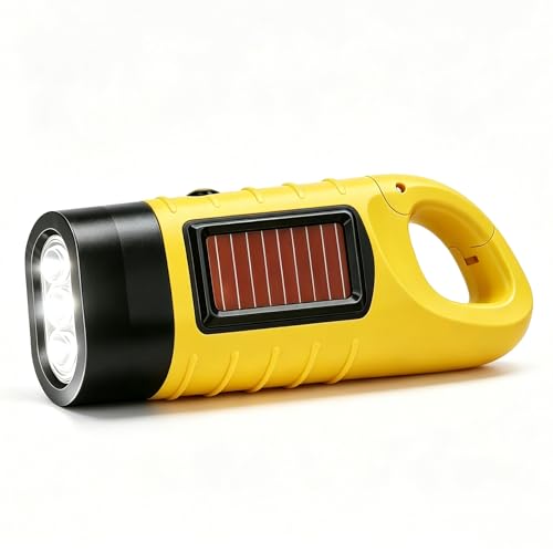 RUOGUWUYE Wind Up Torch & Solar Flashlight Hand Crank Rechargeable Super Bright LED Portable Emergency Light with Carabiner for Camping Hiking Outdoor Survival Gear (1pcs Yellow)