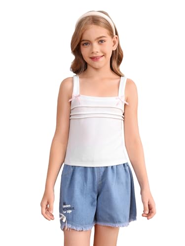 SHENHE Girl's Square Neck Bow Tank Pleated Wide Strap Sleeveless Cute Summer Holiday Top