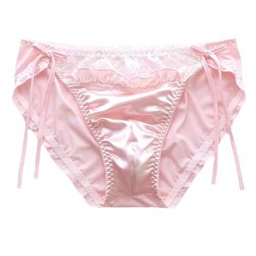 ZooChest Bragas de satén para mujer, bragas de lujo sexy con ribete de encaje de pierna alta para mujer, ropa de sissy ropa interior de seda, bragas hipster M-XL, rosa, L