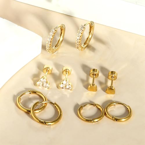 Image of SANNIDHI 5 Pairs Earrings Set for Women Girls Stylish Hypoallergenic Surgical Flat Back Stud Earring Stainless Steel Cartilage Earrings Combo for Multiple Piercing
