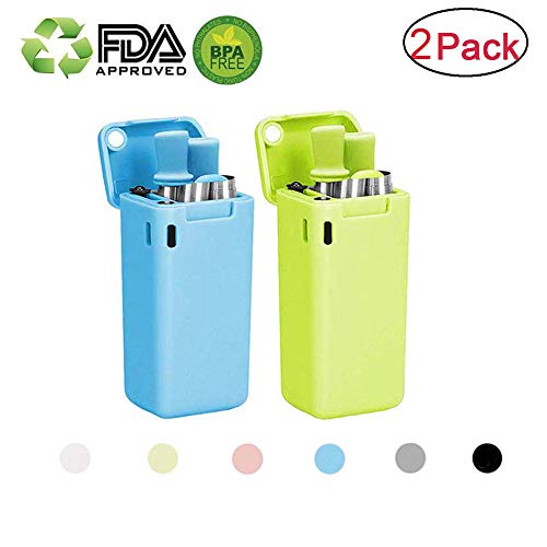 OARCO Pliable Paille, Portable Paille en Acier Inoxydable Tube de Silicone, Réutilisable à Boire Pailles avec Brosse de Nettoyage et Porte-clés pour Cocktail Verre, Voyage, Camping, Famille-2Pack
