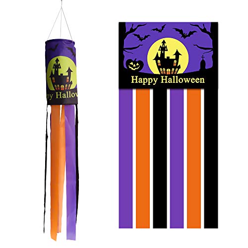 CHWARES 40 Inch Halloween Flag Windsock, Pumpkin Ghost Castle Halloween Windsock Flag Hanging Decoration Patio Lawn Garden Party(2, Puple) - Thumbnail 3
