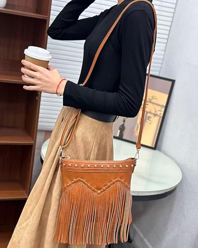 Image of Hoce Women's Leather Fringe Messenger Bag Large Hobo Crossbody Tassel Shoulder Bags, Gift for Mom Wife Girlfriend