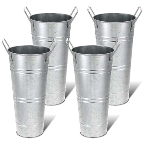 4 PCS Galvanized Metal Vases for Flowers, 9 Inch Farmhouse Rustic French Flower Bucket with Handles, Rustic Style Metal Flower Holder for Cut Flowers, Country Wedding, Table Centerpiece Decorations