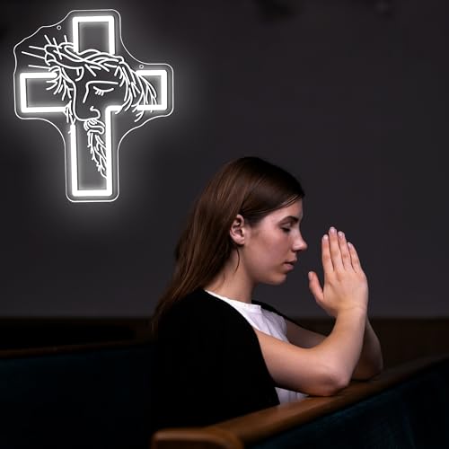 Image of Jesus Neon Sign for Wall Decor Jesus LED Light for Man Cave | Dimmable led light, cross decor, prayer room church ornament, spiritual faith wall art, religious gift, size 13.8*11.3 in