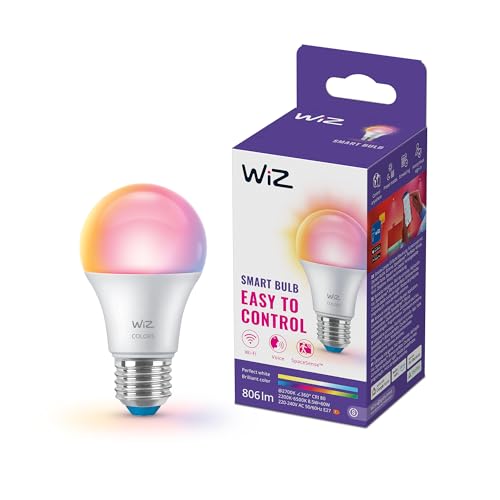WiZ Bombilla Inteligente LED A60, RGB, E27, equivalente a 60 W, 2200-6500 K, 806 lm, regulable, compatible con Alexa, Google Assistant y Apple Home, paquete 1 ud