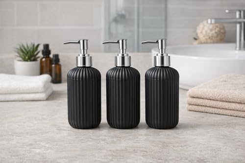 Image of LAGET 300ml Soap Dispenser for Wash Basin - Plane Ribbed Design | Kitchen and Bathroom Accessories Items | Refillable Handwash Dispenser Bottle- Set of 3 (Black)
