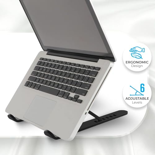 Image of Stealodeal Adjustable Laptop Stand for Desk, Foldable Portable Plastic Laptop Holder, 6-Level Height Adjustment, Anti-Slip Silicone Pads, Compatible with Laptops Up to 17 Inch (Black)