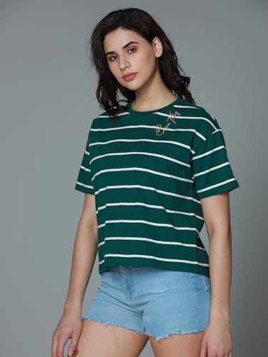 Image of HIGH STAR Women's Cotton Striped Oversized Fit T-Shirt